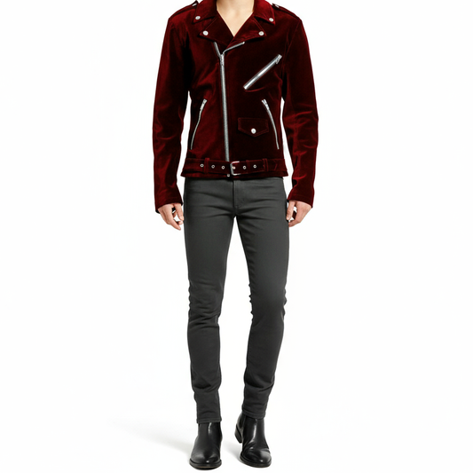 Gothic Motor Bike RED Velvet Motorcycle Jacket Punk Fetish EMO Biker Jacket