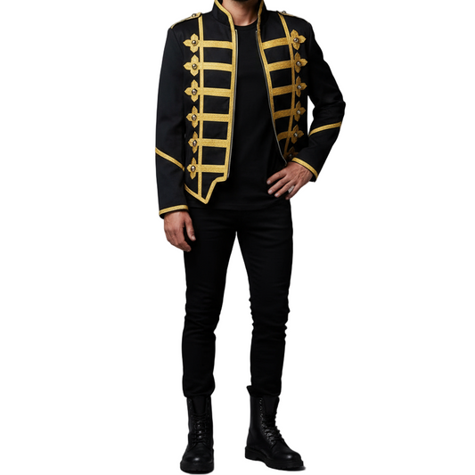 Military Drummer Jacket Black Parade Jacket Goth Punk Adam Ant Vtg Style Black &Amp Gold Jacket