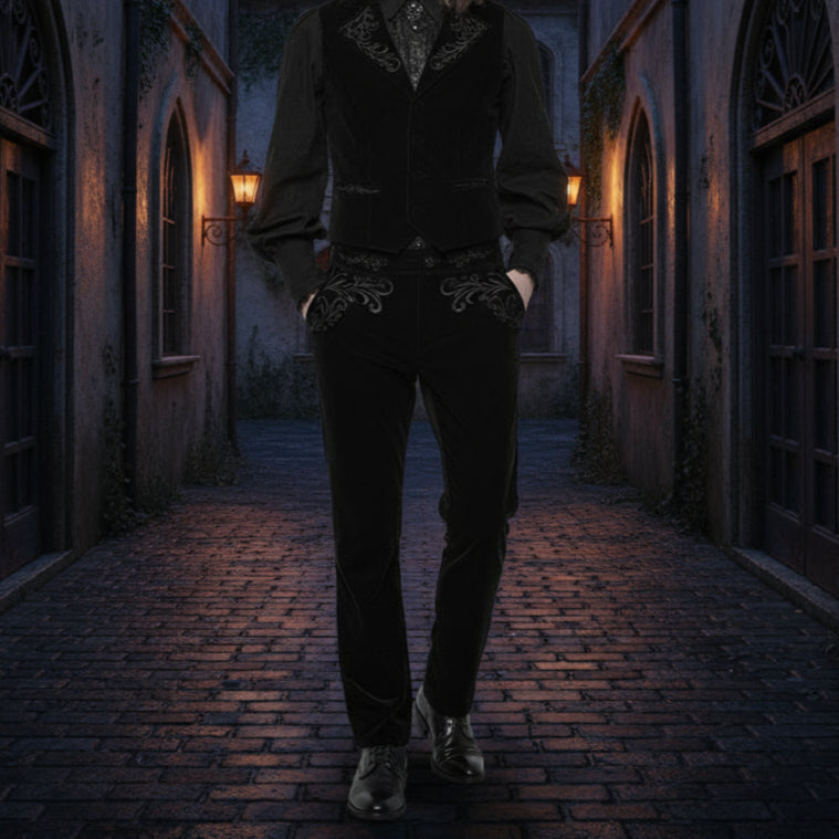 Mens Gothic Waistcoat Vest Black Velvet Embroidered Steampunk Vampire