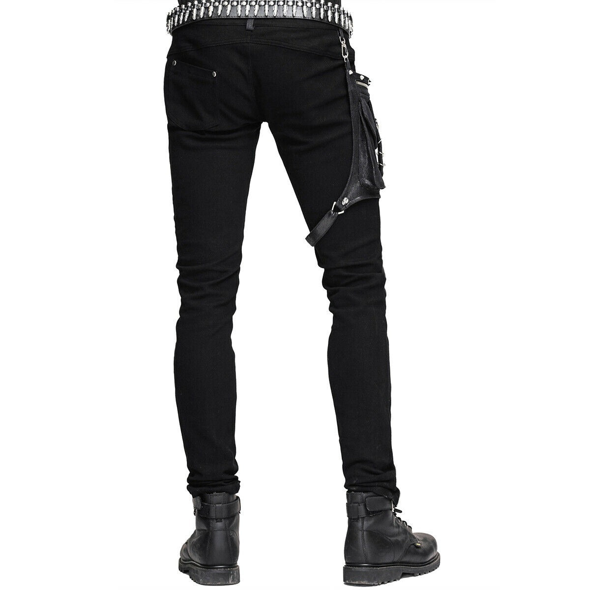 Devil Fashion Men Diesel punk Pants Jeans Black Gothic Punk Faux Leather Hip Bag