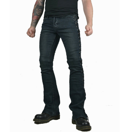 Dark Rock Lace Up Rocker Fit Riff Boot Cut Gothic Punk Stage Jeans Pants Biker