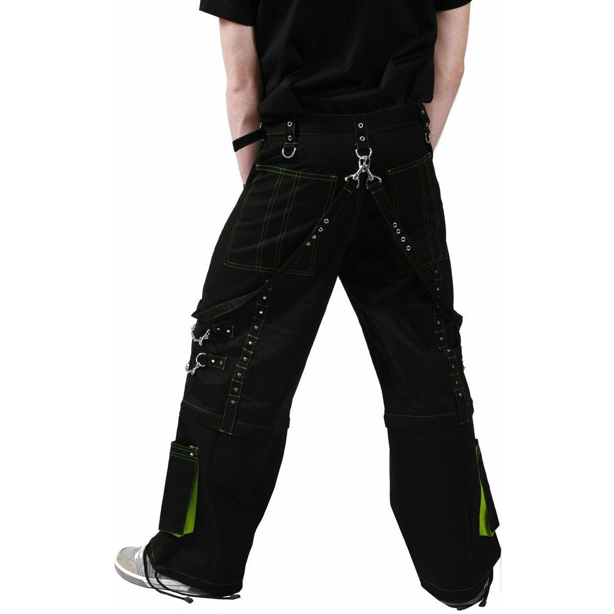 Gothic Men's Handmade Green Thread Rocker Bondage 4 Pocket Trouser Punk Rock Black/ Green Stitch Pant