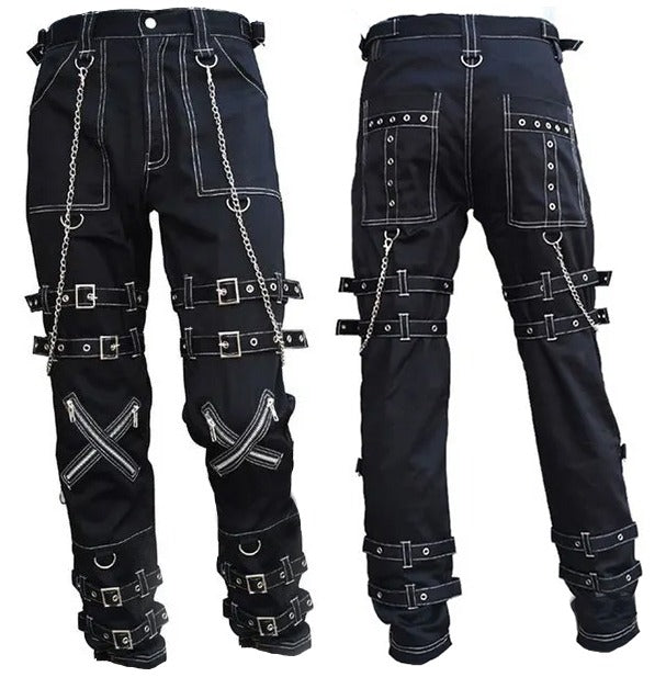Prime Quality Handmade Gothic Pant White Threads Buckles Zips Chains Straps Cyber Punk Trousers Pants/USA