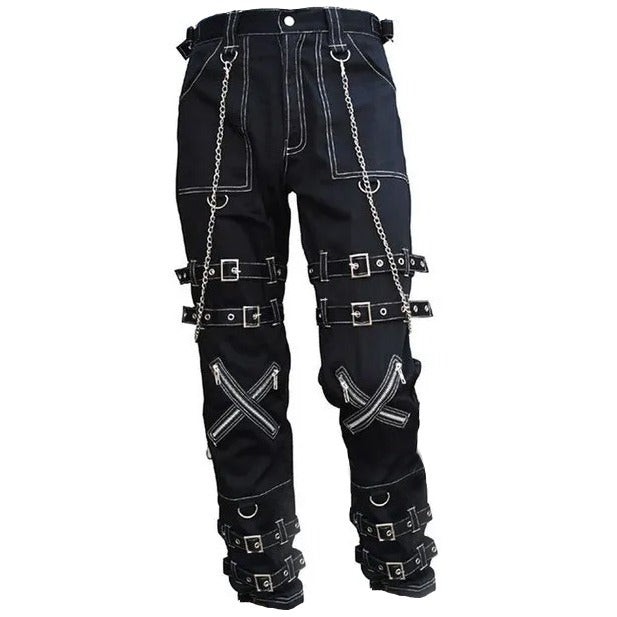 Prime Quality Handmade Gothic Pant White Threads Buckles Zips Chains Straps Cyber Punk Trousers Pants/USA
