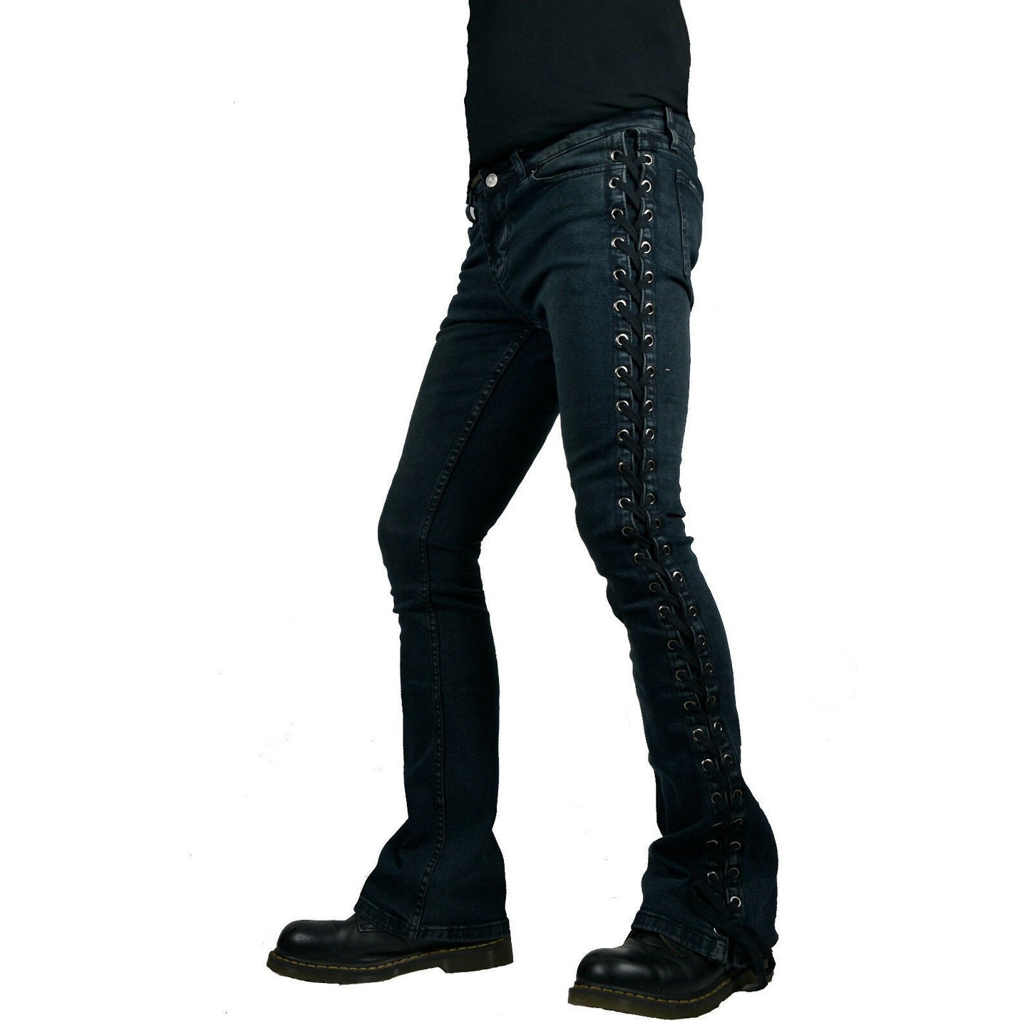 Dark Rock Lace Up Rocker Fit Riff Boot Cut Gothic Punk Stage Jeans Pants Biker