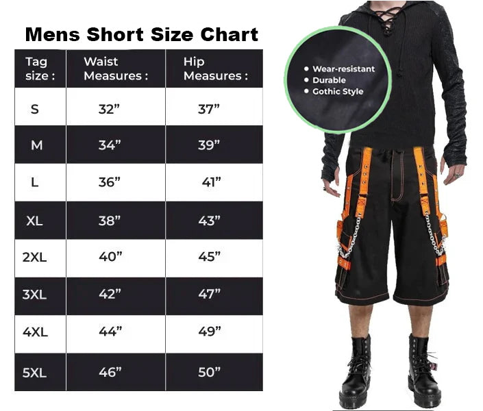 Men Extreme Bondage Skater Black/Orange Gothic Punk Rocker Cyber Goth Steam punk Biker Short