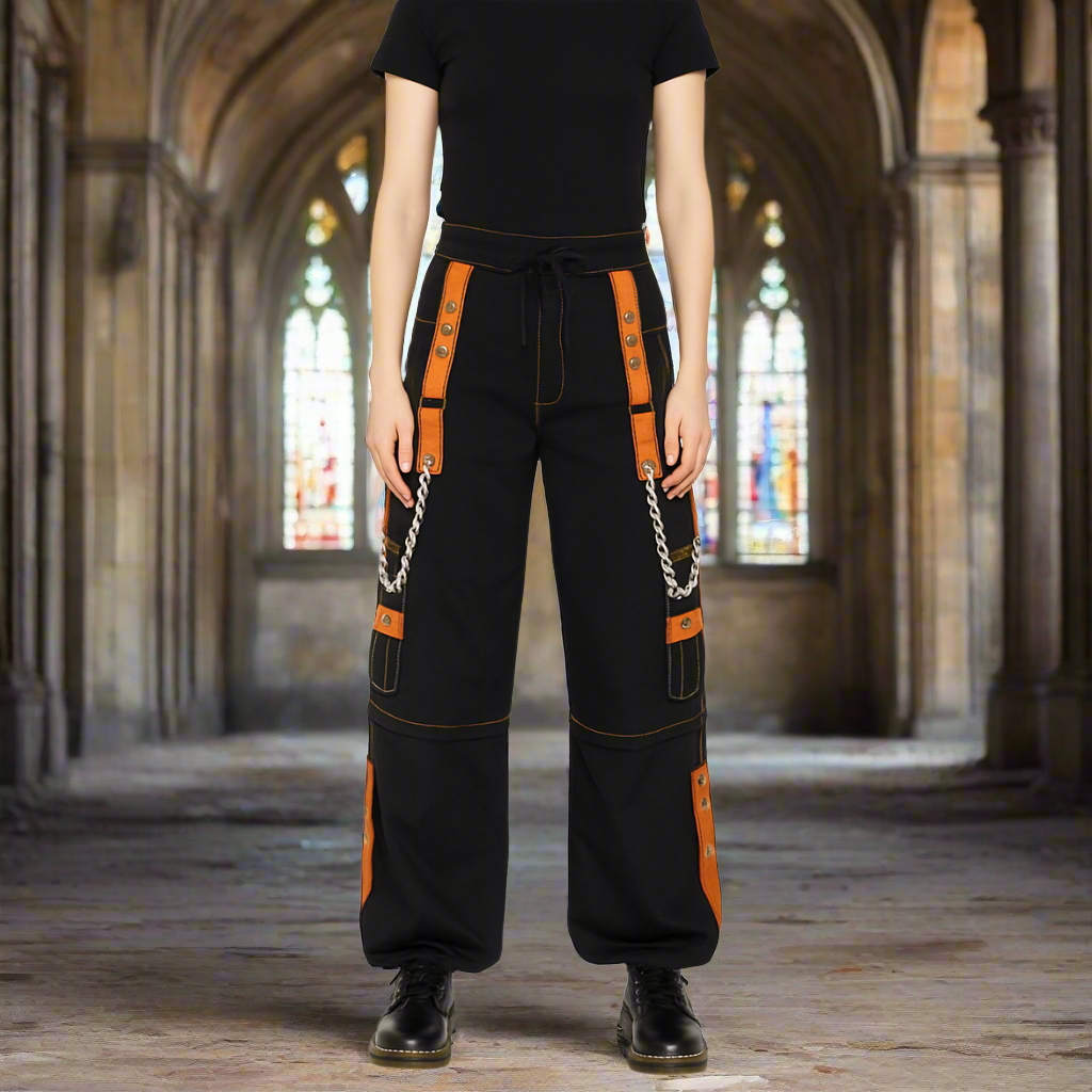 Men Extreme Bondage Skater Black/Orange Gothic Punk Rocker Cyber Goth Steam punk Biker Pant