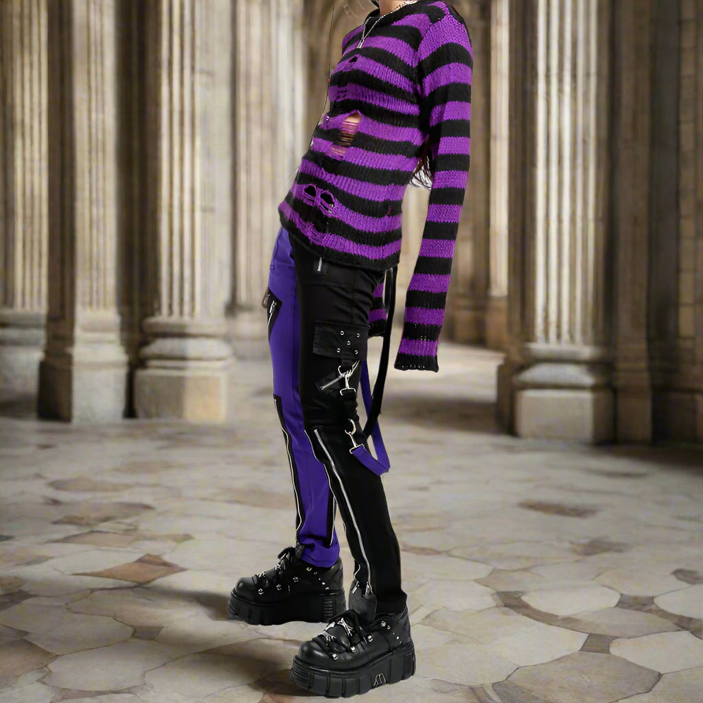 Gothic Bondage Men Pant Alternative Punk Rock Split Leg Purple Black Emo Trouser Pant USA