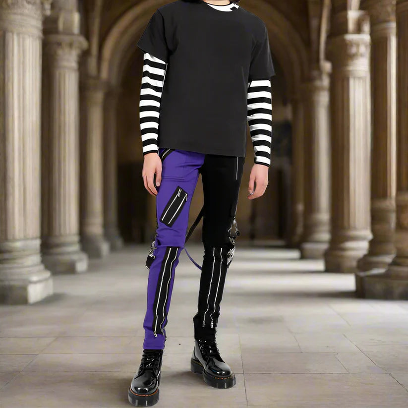 Gothic Bondage Men Pant Alternative Punk Rock Split Leg Purple Black Emo Trouser Pant USA