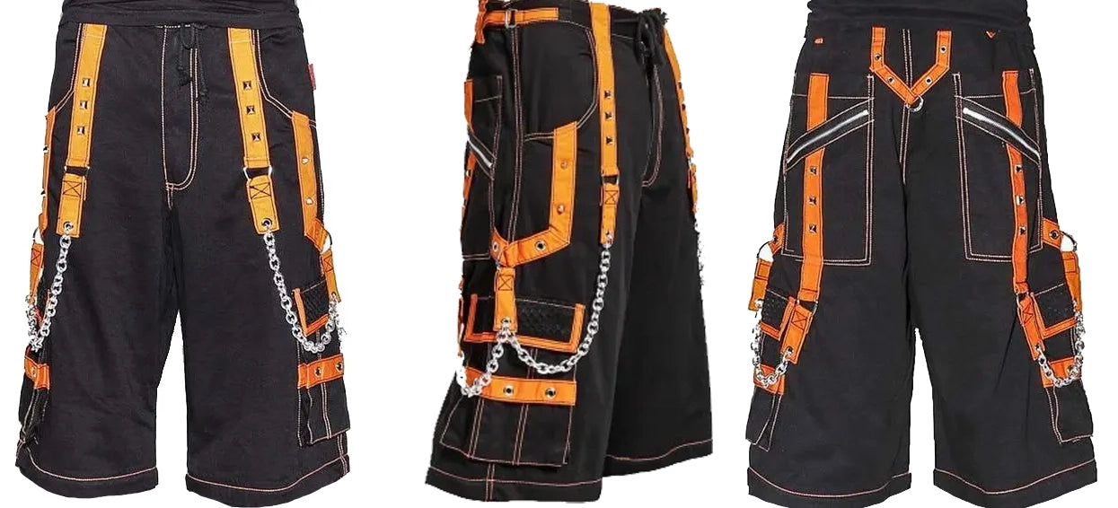 Men Extreme Bondage Skater Black/Orange Gothic Punk Rocker Cyber Goth Steam punk Biker Short