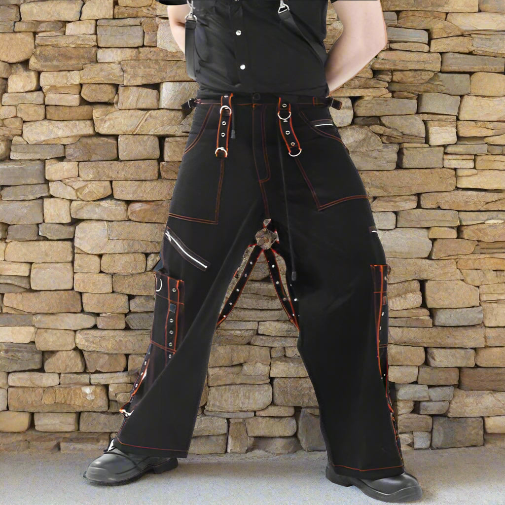 Gothic Men's Orange Black Pant Cotton Trousers Studs Metal Punk Pant
