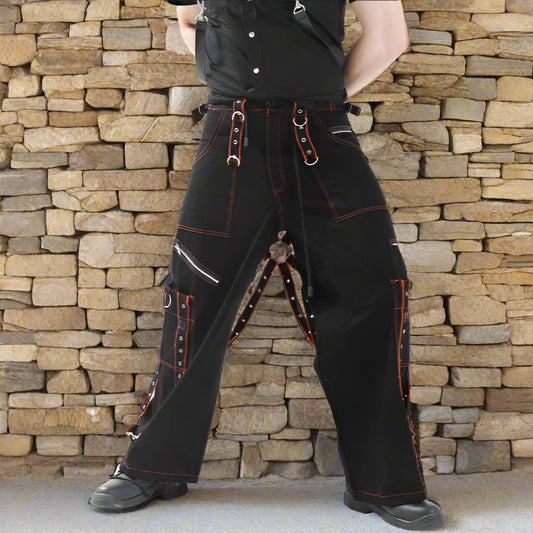 Gothic Men's Orange Black Pant Cotton Trousers Studs Metal Punk Pant