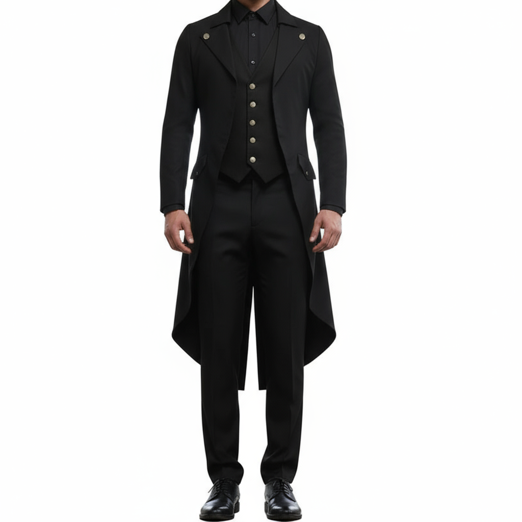 Men's Black Cotton Twill Steampunk Tailcoat Brass Button Jacket Goth Victorian Coat Trench Coat