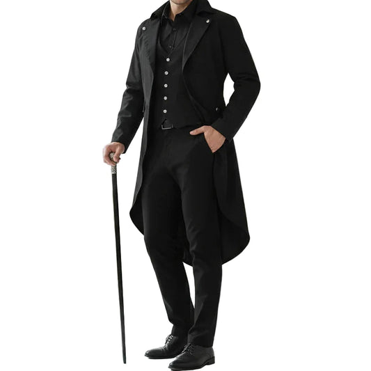 Men's Black Cotton Twill Steampunk Tailcoat Silver Button Jacket Goth Victorian Coat