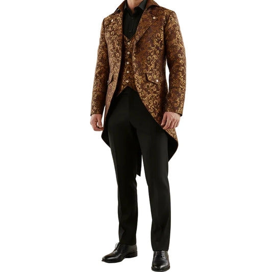 Handmade Men Tail Coat Jacket Gold Brocade Goth Steampunk Victorian Tailcoat