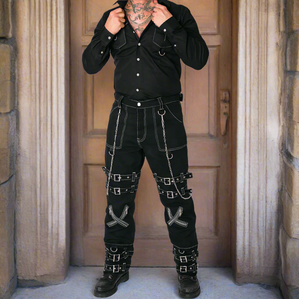 Prime Quality Handmade Gothic Pant White Threads Buckles Zips Chains Straps Cyber Punk Trousers Pants USA