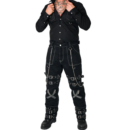 Prime Quality Handmade Gothic Pant White Threads Buckles Zips Chains Straps Cyber Punk Trousers Pants USA