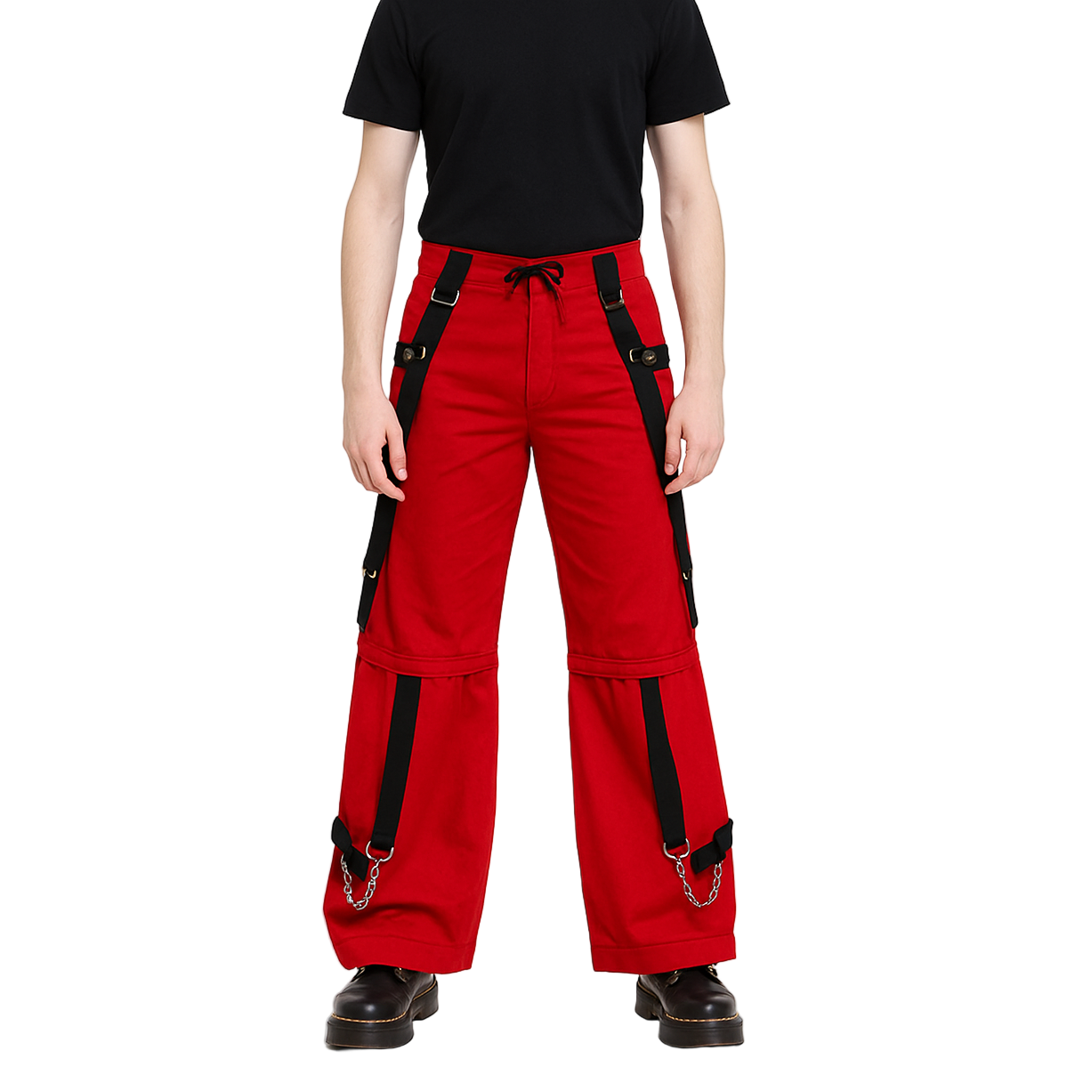 Gothic Men's Gothic Handmade Red Trouser Red Threads Black Straps Punk Rock Metal Chain Cyber/USA