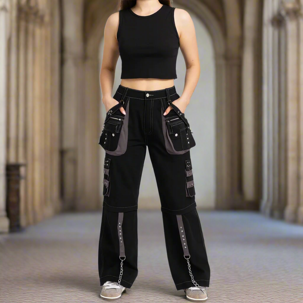 Gothic Men's Black Grey Men Trousers Gothic Cotton Studs Metal Punk