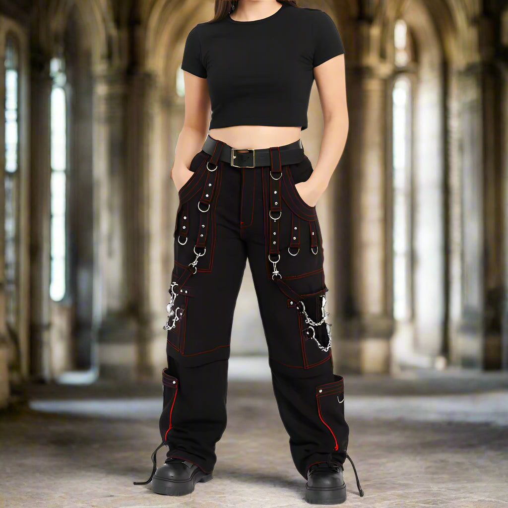 Men's Gothic Handmade Bondage Trouser Cyber Red Thread Shorts Metal Studs Trouser Pant USA