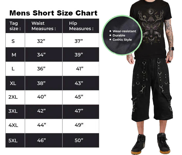 Men Handmade Gothic Bondage Grey Thread Cyber Punk Shorts Metal Studs Shorts