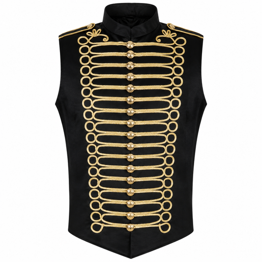 Prime Quality Handmade Men's Military Hussar Sleeveless Black Vest Black Gold Jacket