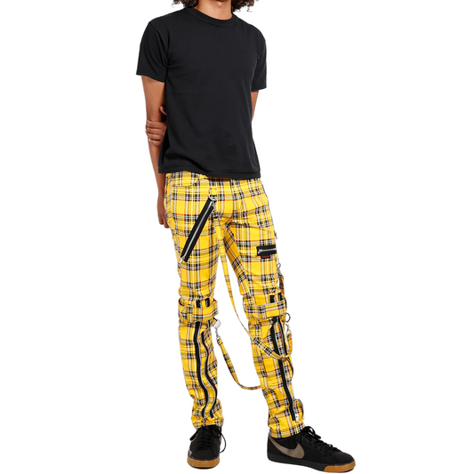 Men Bondage Straps Punk Yellow Plaid Jeans Pant Alternative Rebel Rock Emo Pant USA