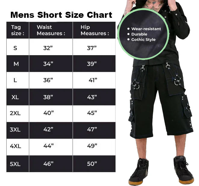 Prime Quality Gothic Mens Handmade Bondage 4 Pocket Shorts Punk Rock Black Blue Stitch