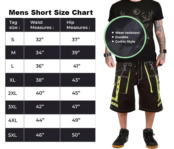 Gothic Men's Handmade Bondage 4 Pocket Shorts Punk Rock Black Yellow Gothic Yellow Stitch