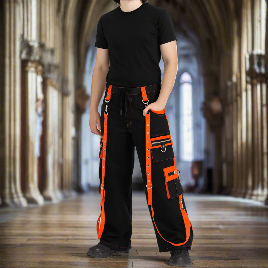 Gothic Men's Handmade Bondage 4 Pocket Dead Thread Trouser Punk Rock Black Orange Pant