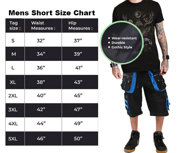 Prime Quality Men's Gothic Bondage Cyber Chain Techno Rock Punk Black Blue Shorts