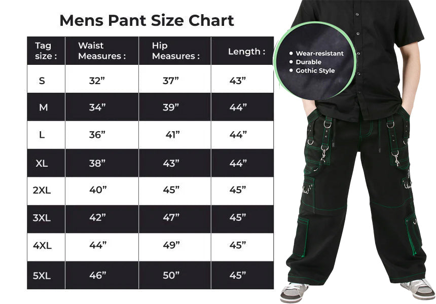 Gothic Men's Handmade Green Thread Rocker Bondage 4 Pocket Trouser Punk Rock Black/ Green Stitch Pant