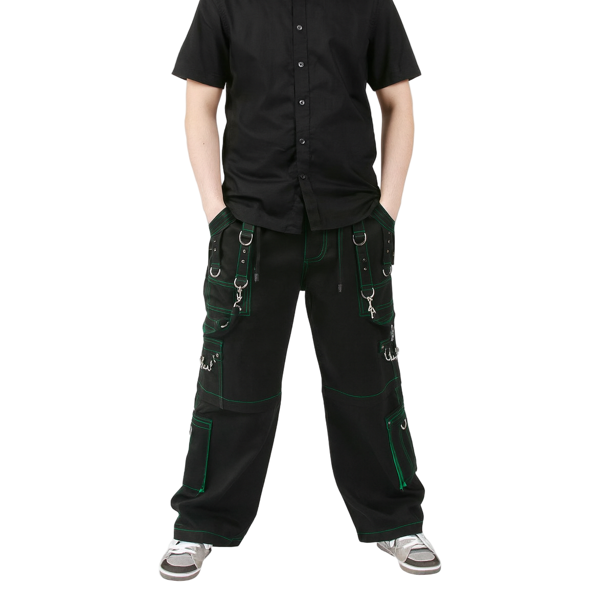 Gothic Men's Handmade Green Thread Rocker Bondage 4 Pocket Trouser Punk Rock Black/ Green Stitch Pant