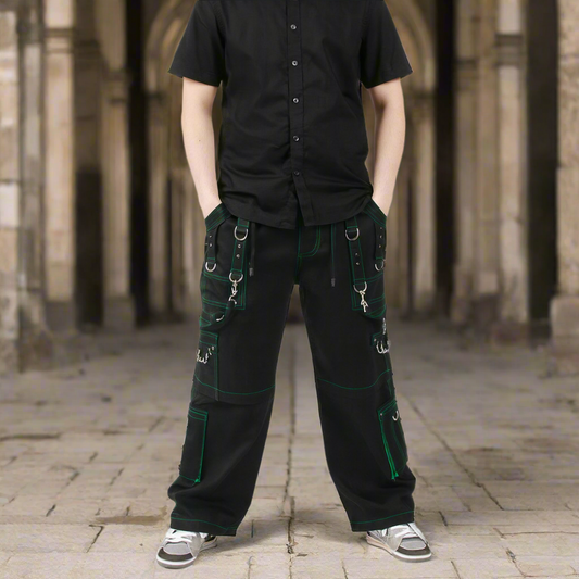 Gothic Men's Handmade Green Thread Rocker Bondage 4 Pocket Trouser Punk Rock Black/ Green Stitch Pant