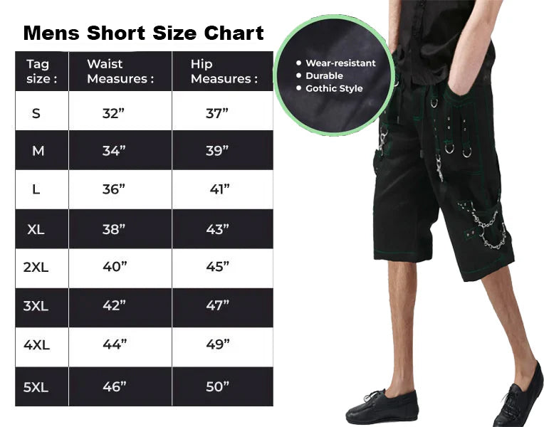 Gothic Men's Handmade Green Thread Rocker Bondage 4 Pocket Punk Rock Black Green Stitch Shorts
