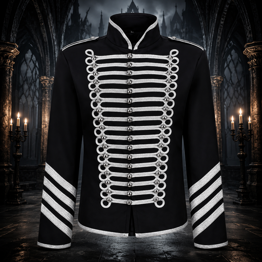 Prime Quality Handmade Men's Gothic Military Hussar Jacket Black Silver/USA
