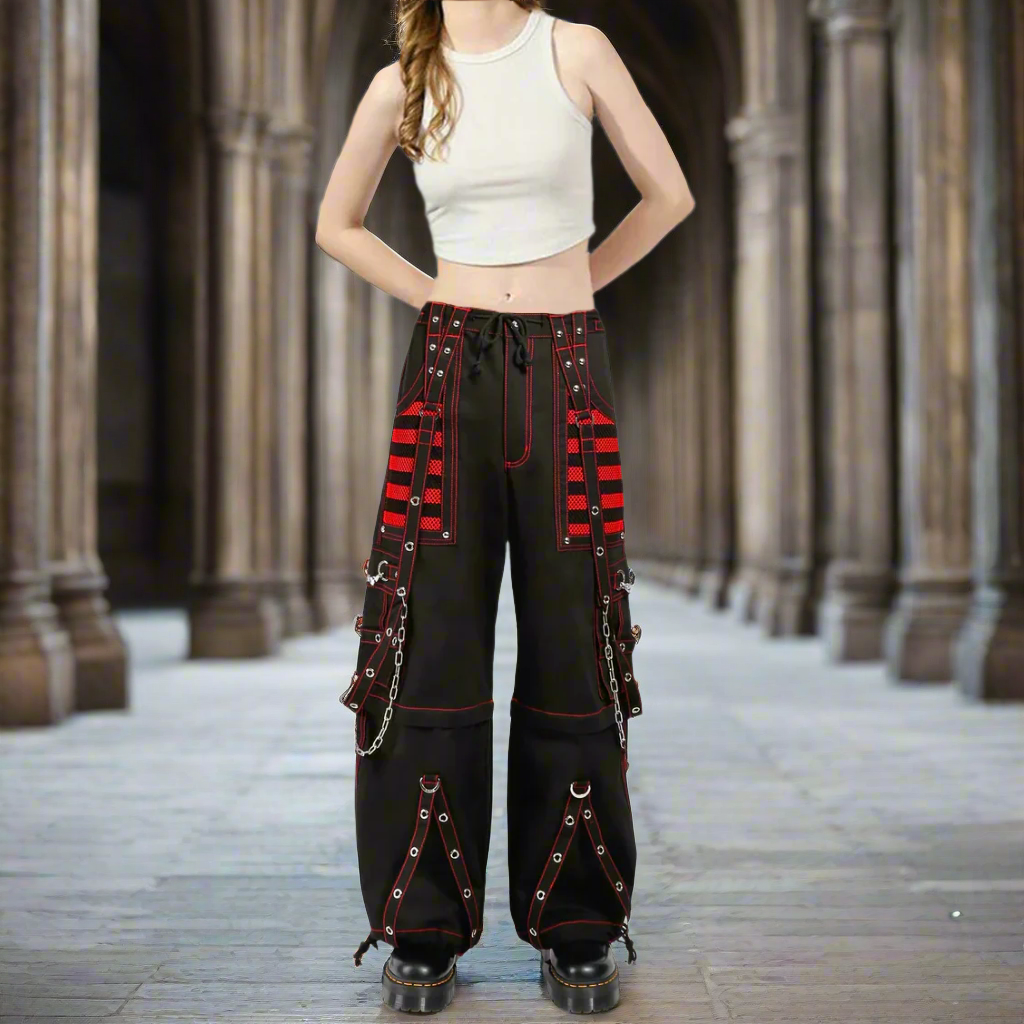 Gothic Extreme Bondage Skater Red & Black Punk Rocker Cyber Steampunk Biker Pant