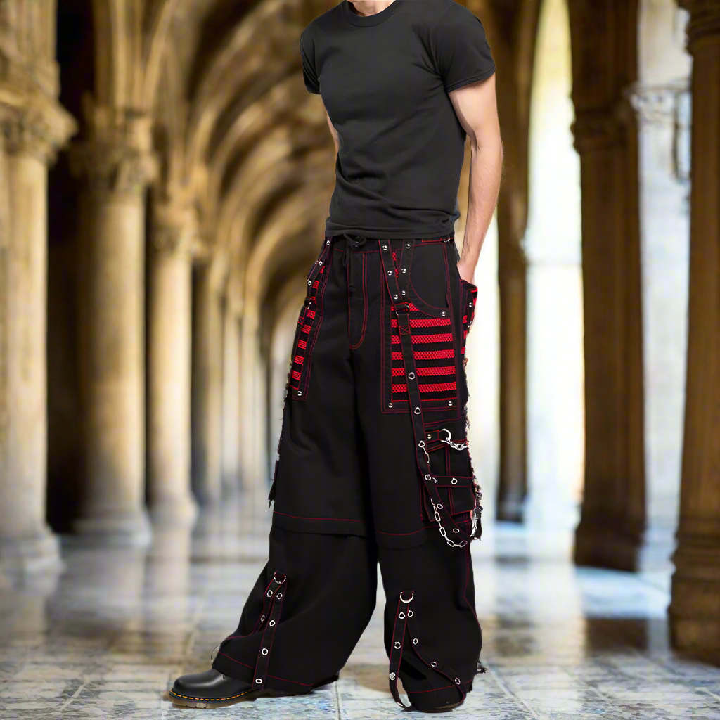 Gothic Extreme Bondage Skater Red & Black Punk Rocker Cyber Steampunk Biker Pant