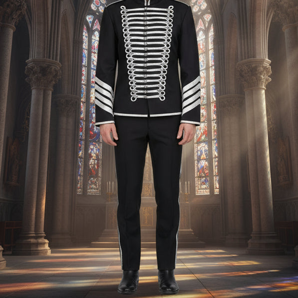 Prime Quality Handmade Men's Gothic Military Hussar Jacket Black Silver/USA