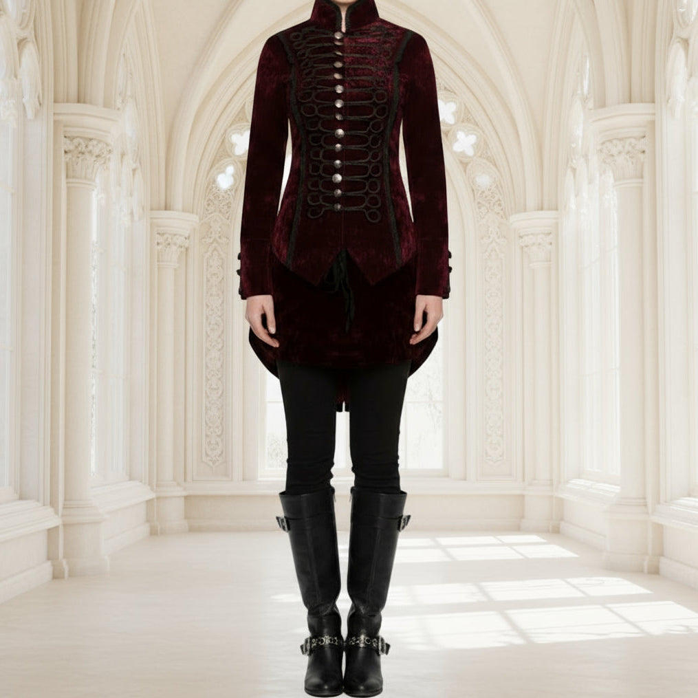 Women's Handmade Maroon Velvet Gothic Steampunk Gothic Long Coat