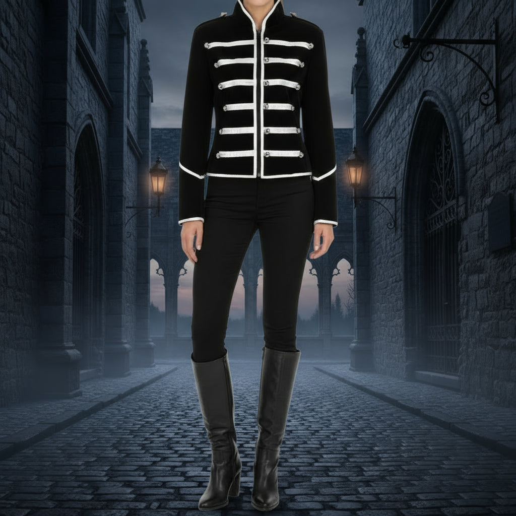 Prime Quality Handmade Women's Black Silver Parade Ladies Jacket Steampunk Military Punk Rock Gothic