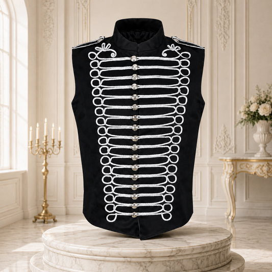 Men's Military Hussar Sleeveless Black Vest Black & Silver Jacket Usa