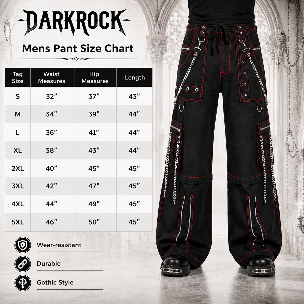 Men's Electro Bondage Gothic Red Stitch Rave Gothic Cyber Chain Goth Jeans Punk Rock Pants USA
