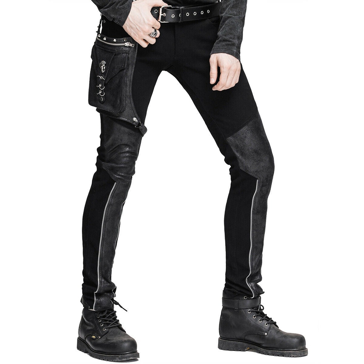 Devil Fashion Men Diesel punk Pants Jeans Black Gothic Punk Faux Leather Hip Bag