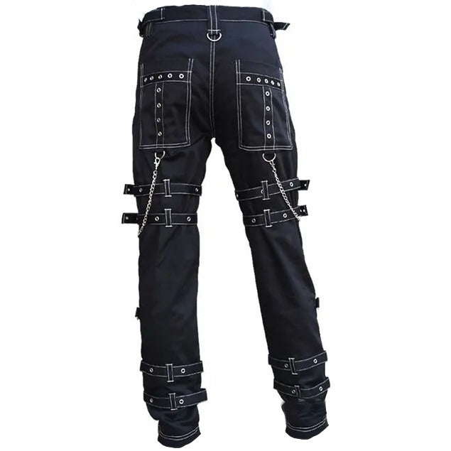 Prime Quality Handmade Gothic Pant White Threads Buckles Zips Chains Straps Cyber Punk Trousers Pants/USA