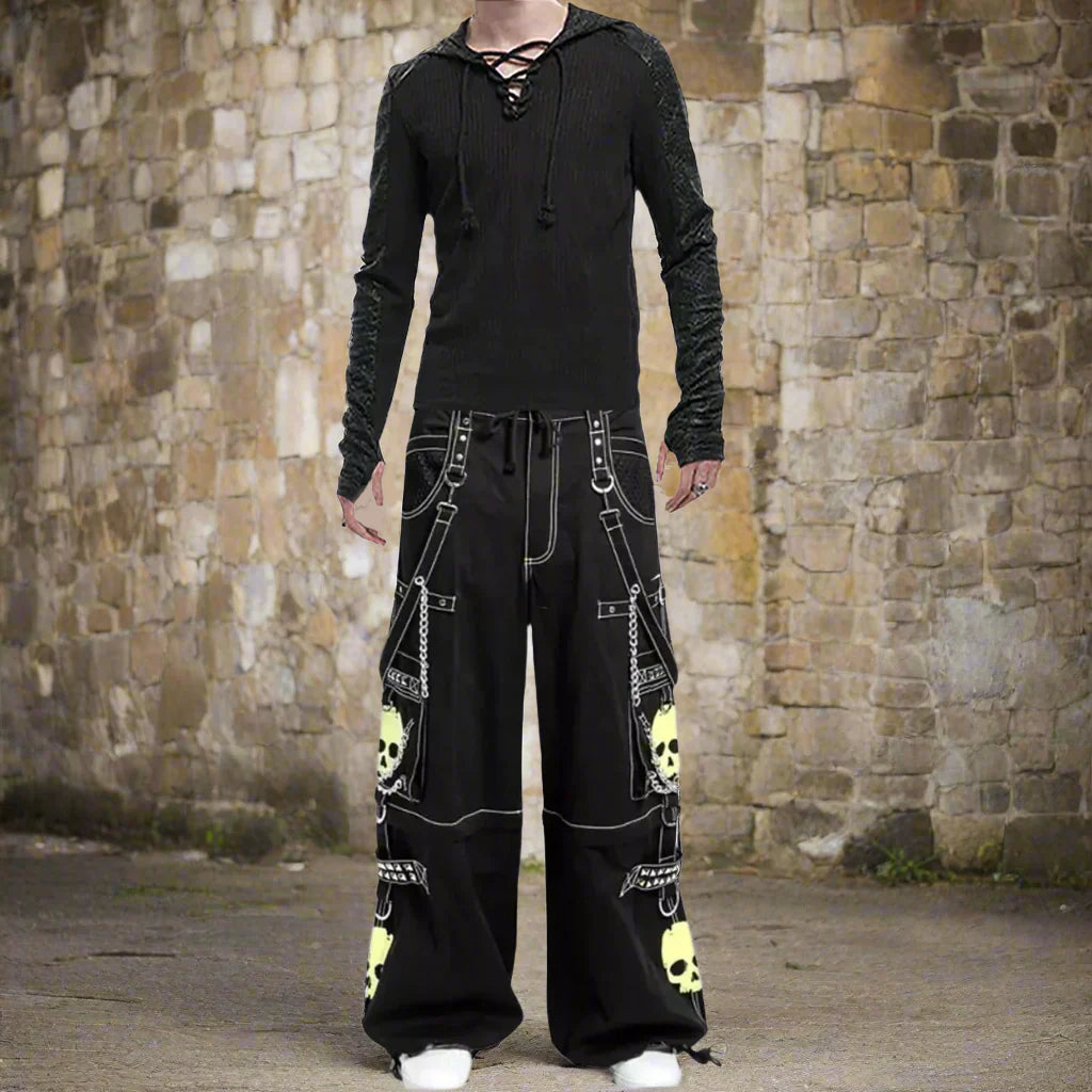 Gothic Bondage Black Lime Big Skull Men Pant Alternative Punk Rock Jeans Emo Trouser Pant Shorts USA