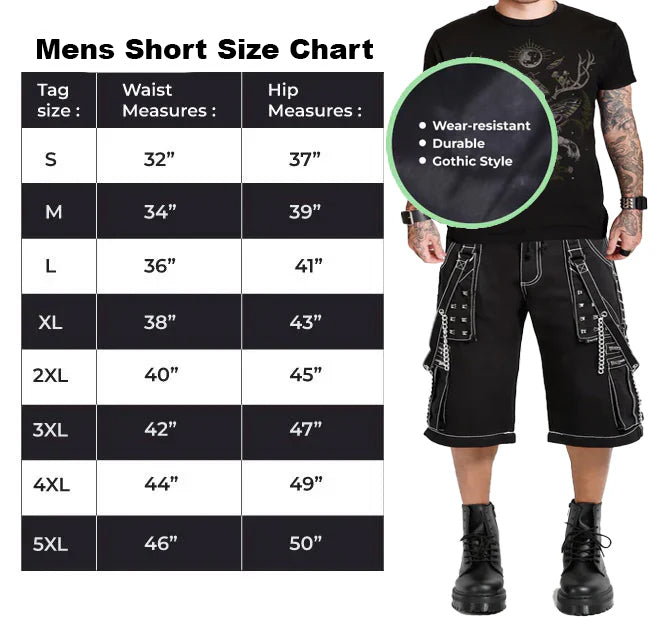 Prime Quality Gothic Men's Black Bondage Gothic Cyber Shorts Chain Techno Rock Punk Shorts