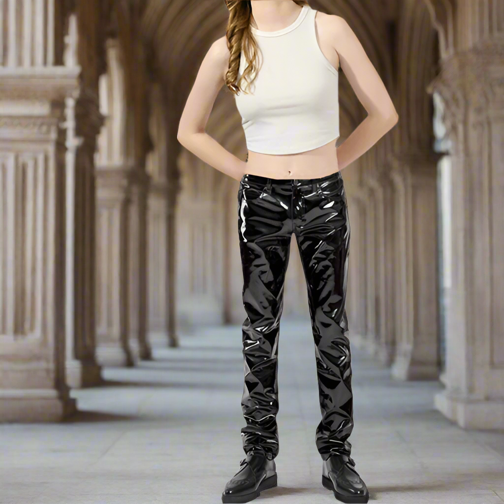 SKINNY JEANS BLACK GOTHIC SUPREME CHAOS VINYL PUNK REBEL PANTS