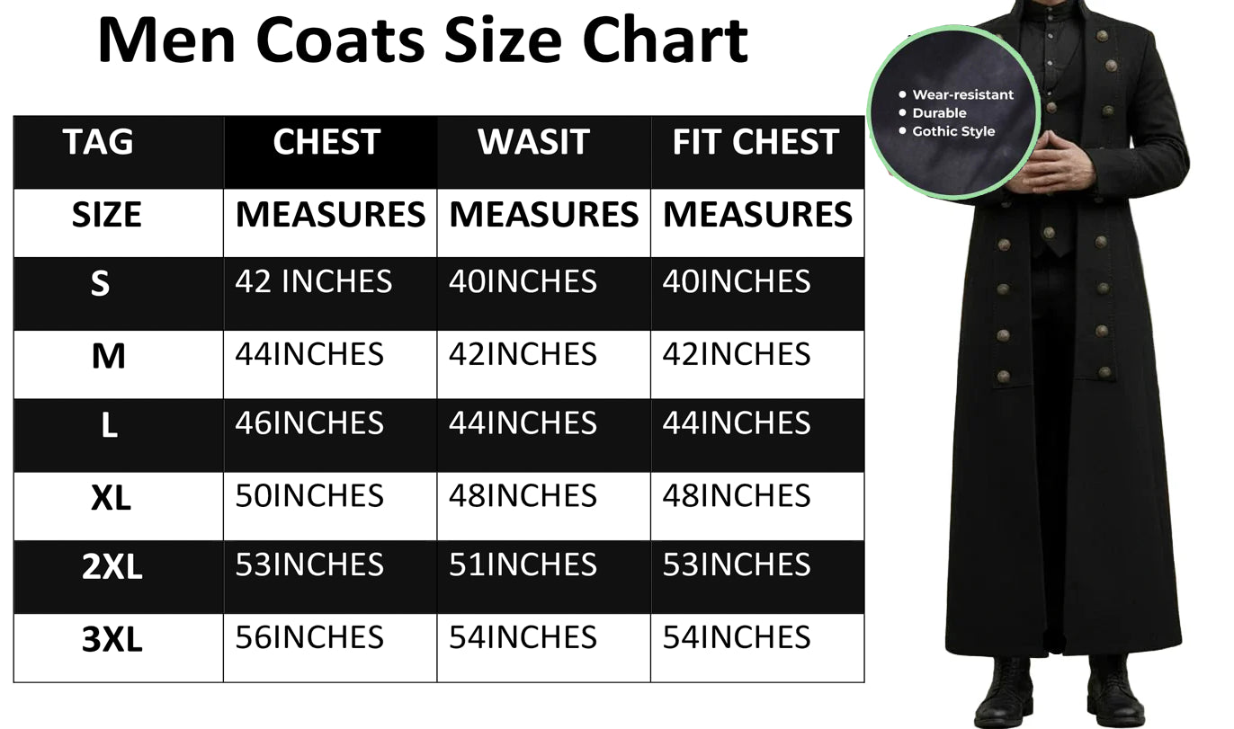 Men's Steampunk Military Trench Coat Long Jacket Black Gothic VTG USA Sizes