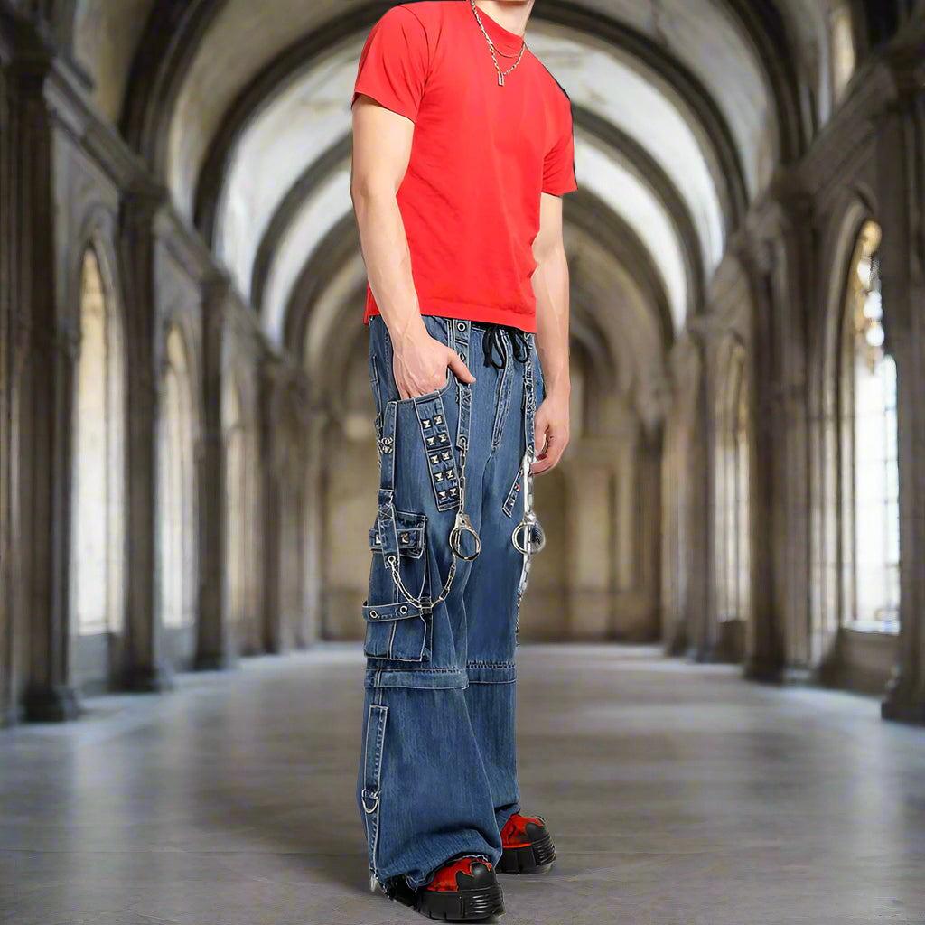 Extreme Bondage Light Blue Denim Pants Skater Gothic Punk Rocker Cyber Biker Black Dagger Trouser Pant Shorts With Handcuffs Hardware